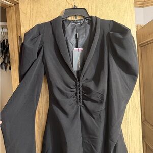 PrettyLittleThing Black Long Sleeve V-Neck Puff Shoulder Dress